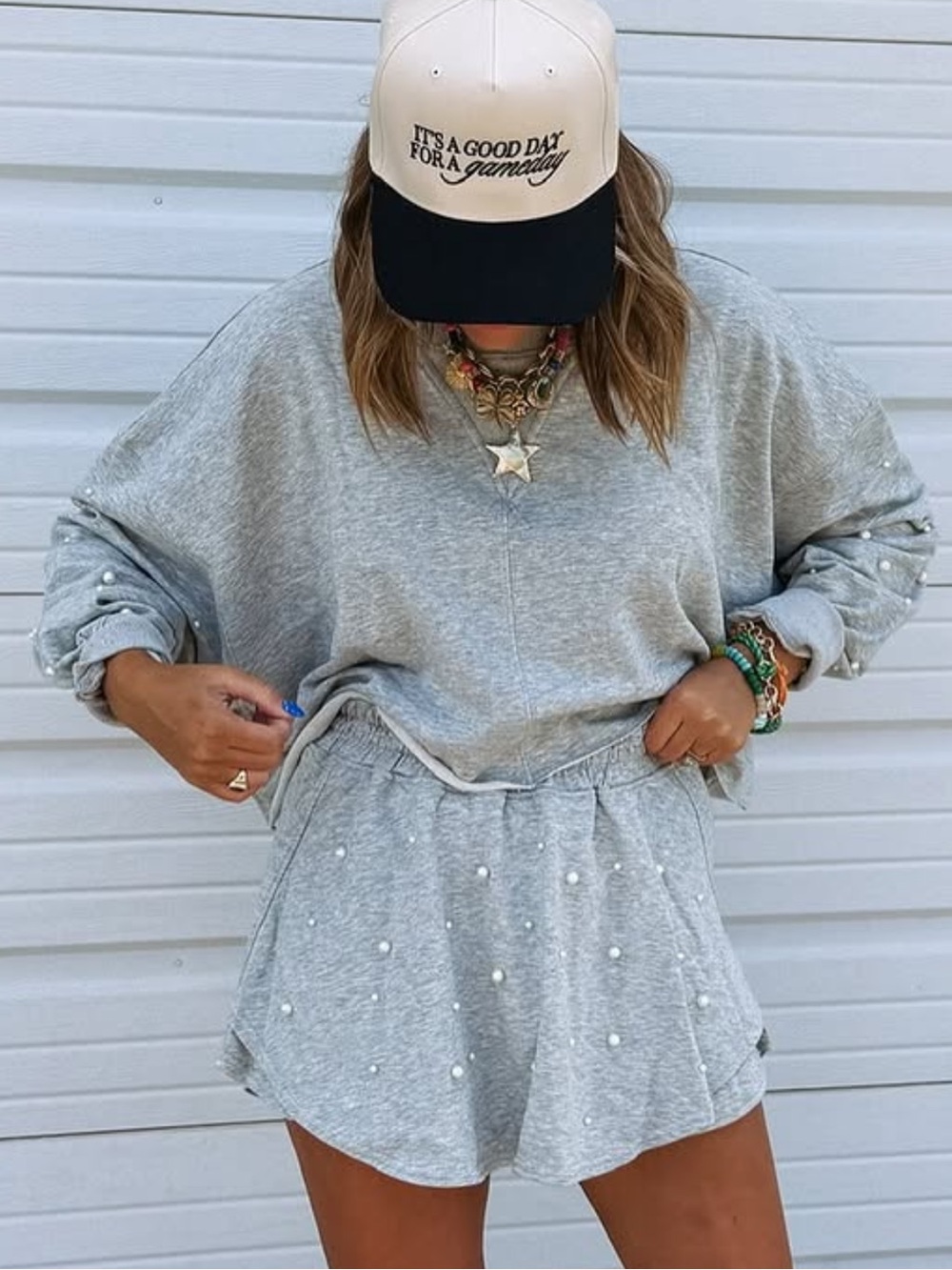 Cropped Heather Gray Sweatshirt with Pearl Details